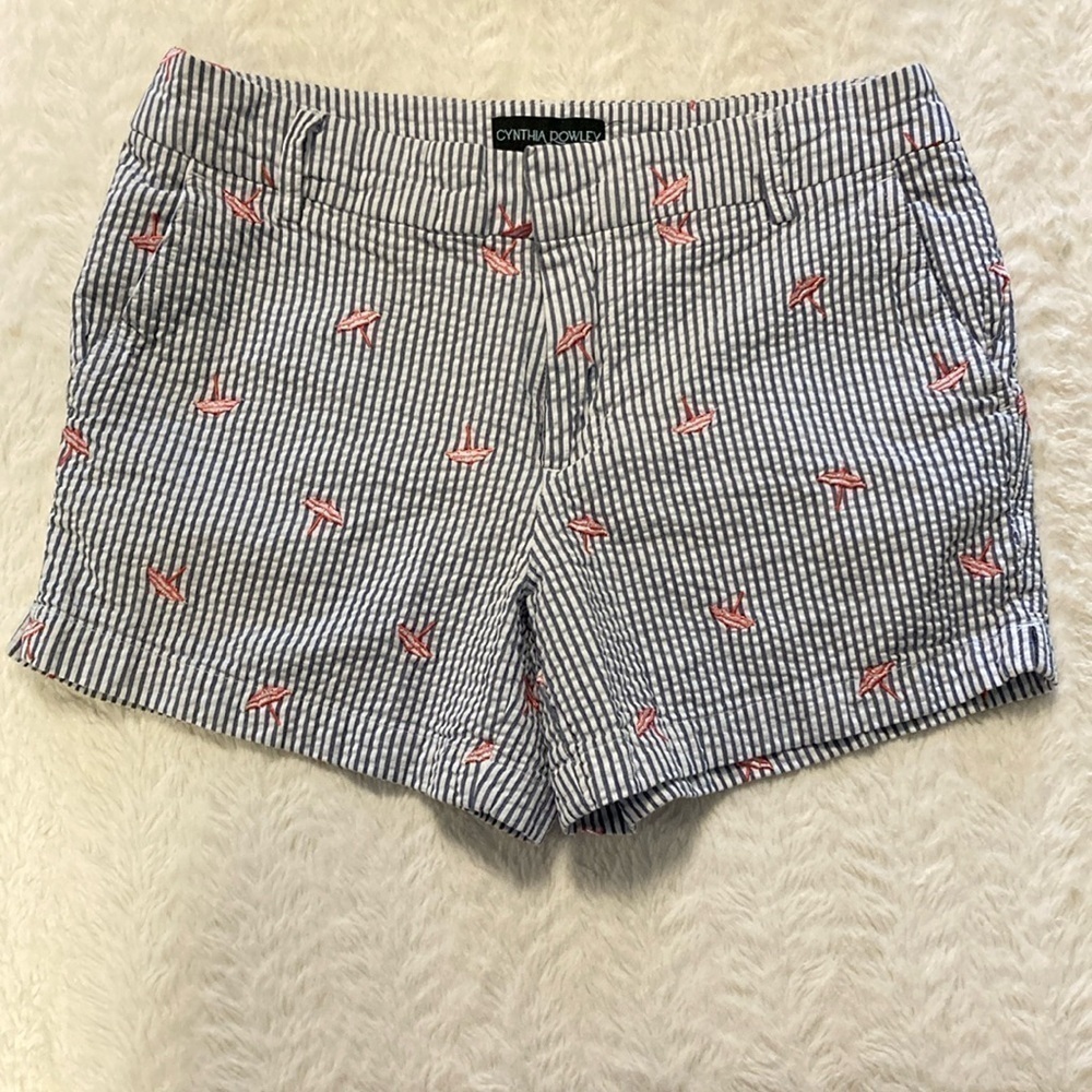 Cynthia Rowley Seersucker shorts with embroidered pink beach umbrellas